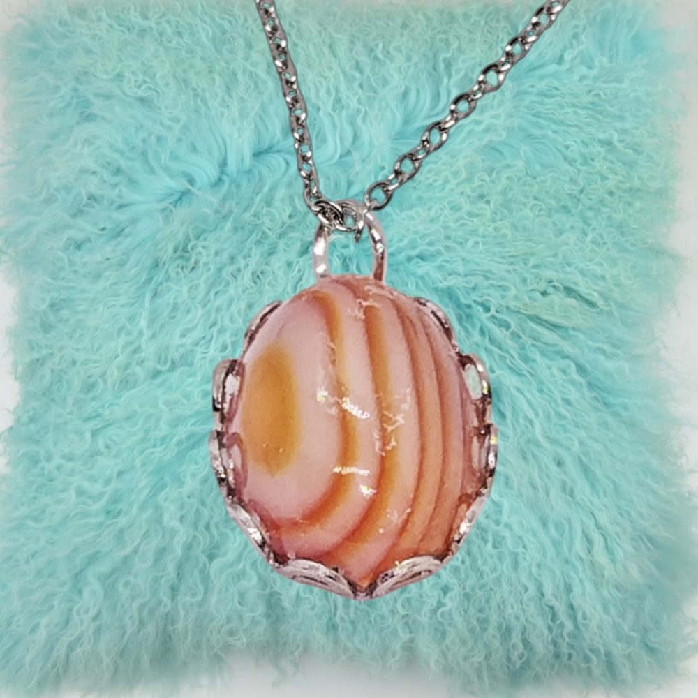 Genuine Banded Agate Stone Pendant with Stainless Steel Chain